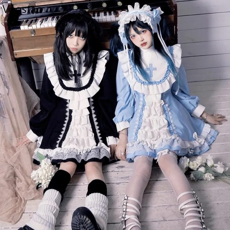 Japanese Gothic Lolita OP Dress Women Victorian Cross Embroidery Ruffles Cosplay Witch Maid Dresses Girls Sweet Party Dress 2023 1