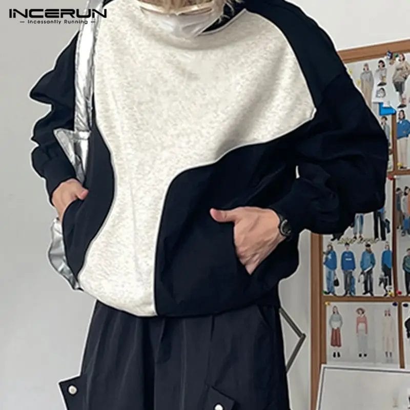 2023 Men Hoodies Patchwork O-neck Long Sleeve Autumn Streetwear Casual Sweatshirts Loose Korean Stylsih Pullovers S-5XL INCERUN 1