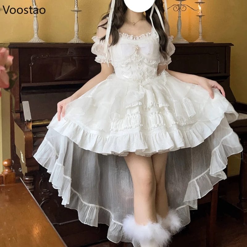 Japanese Kawaii Lolita Jsk Dress Women Sweet Cute Bow Flower Wedding Party Mini Dresses Gothic Y2k Sleeveless Princess Dresses 1