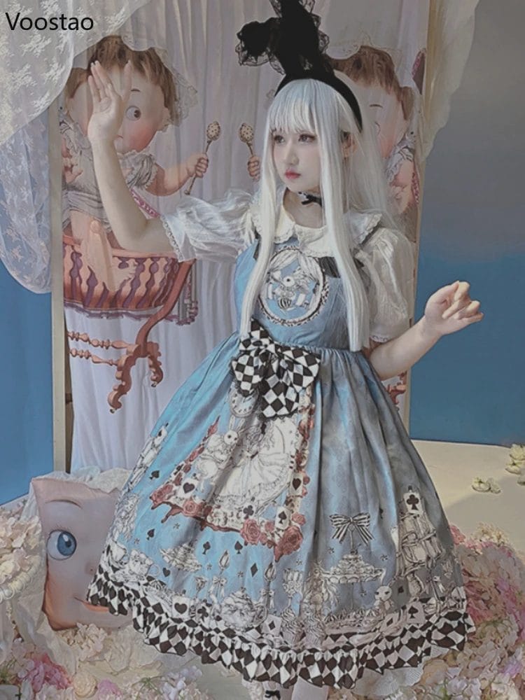 Vintage Gothic Lolita Style Slip Dress Women Harajuku Y2k Sleeveless Dark Bunny Print Party Dresses Girly Kawaii Bow Vestidos 1