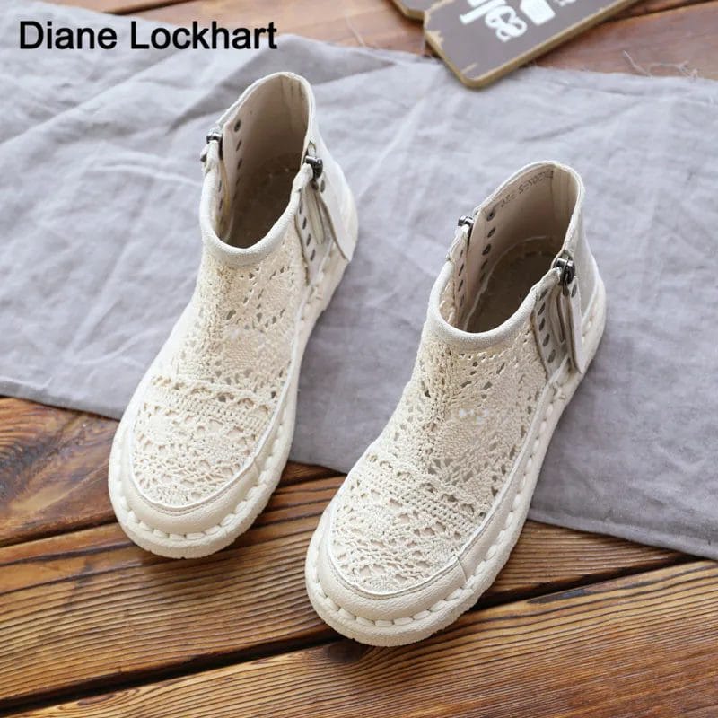 Spring Summer Knitted Women Ankle Boots Reticulated Hollow Lace Retro Literature Art Fashion Botines Soft Sole Comfortable Shoes 1
