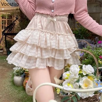 Japanese Kawaii Lolita Mini Skirt Women Summer Cute High Waist Bow Ruffles Tiered Skirts Girly Korean Fashion Princess Skirts 6