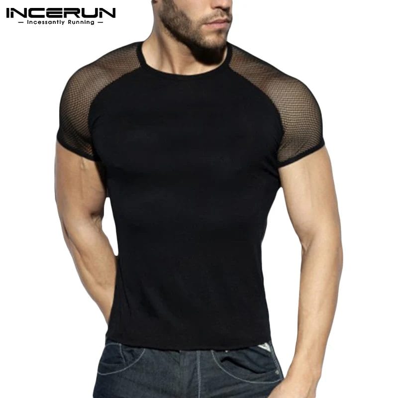 Fashion Men T Shirt Mesh Patchwork Breathable Crew Neck 2023 Short Sleeve Casual Tee Tops Streetwear Sexy Camisetas 5XL INCERUN 1