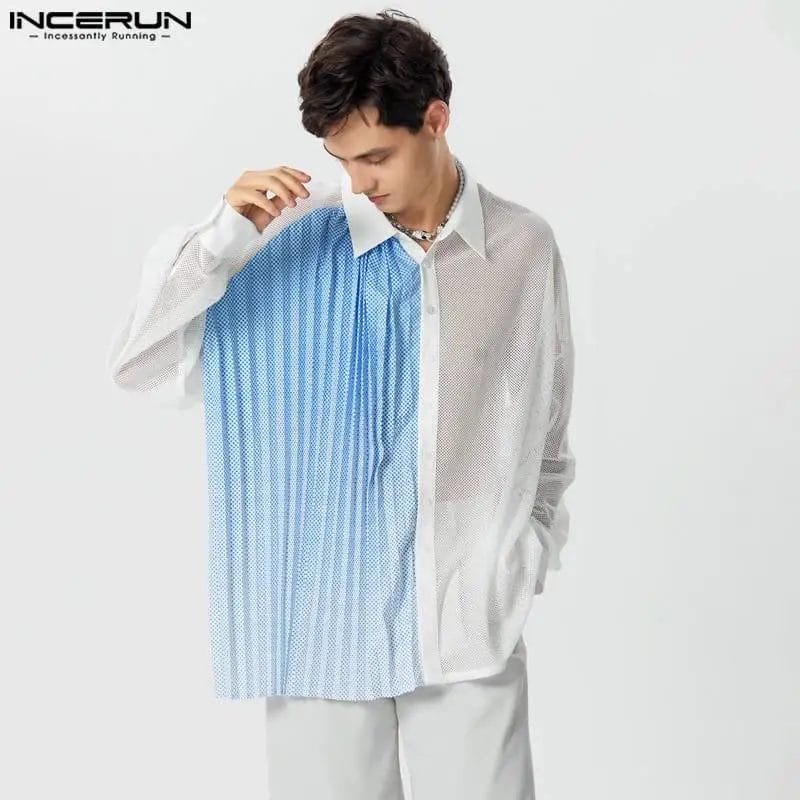 2023 Men Shirt Pleated Gradient Patchwork Lapel Long Sleeve Transparent Men Clothing Streetwear Fashion Camisas S-5XL INCERUN 1