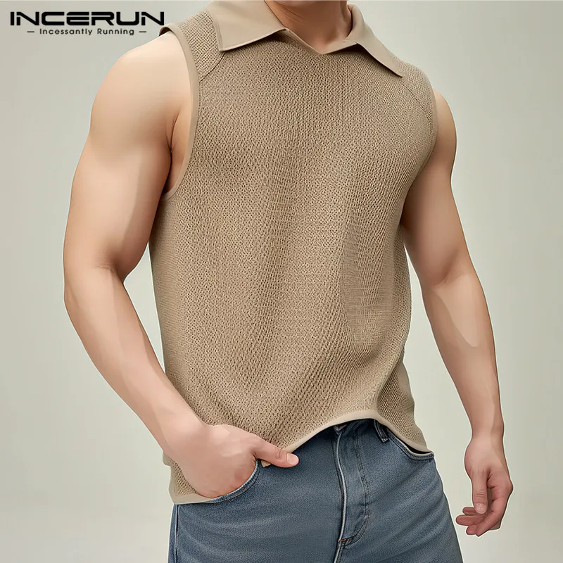 2024 Men Tank Tops Solid Color Lapel Sleeveless Fashion Casual Vests Korean Style Streetwear Leisure Men Clothing S-5XL INCERUN 1