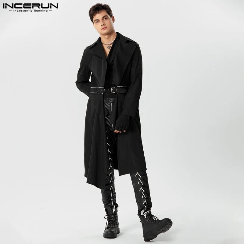 Men Trench Solid Color Lapel Long Sleeve Zipper Loose Long Style Coats Streetwear 2023 Fashion Casual Male Windbreaker INCERUN 1