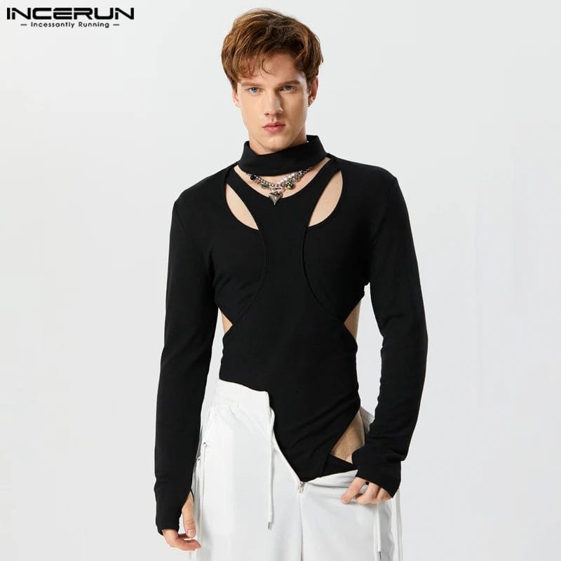INCERUN 2023 Men Bodysuits Solid Turtleneck Long Sleeve Hollow Out Fashion Rompers Streetwear Sexy Casual Male Bodysuit S-3XL 1