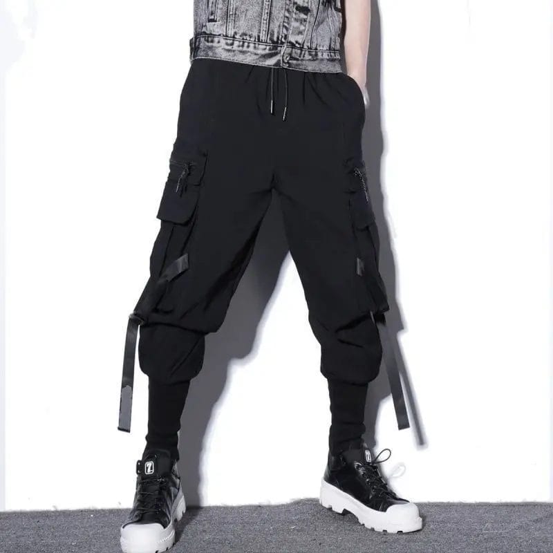 Harajuku Fashion Cargo Pants Jogger Men Casual Sports Black Pants Men Trousers Pockets Ribbons Decoration Mens Hip Hop Clothing 1