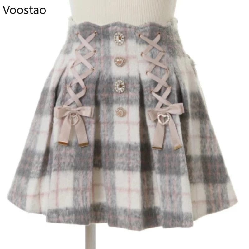 Japanese Sweet Lolita Style Mini Skirt Autumn Winter Women Harajuku Bow Plaid Woolen Pleated Skirt Preppy Style Korean Y2k Skirt 1