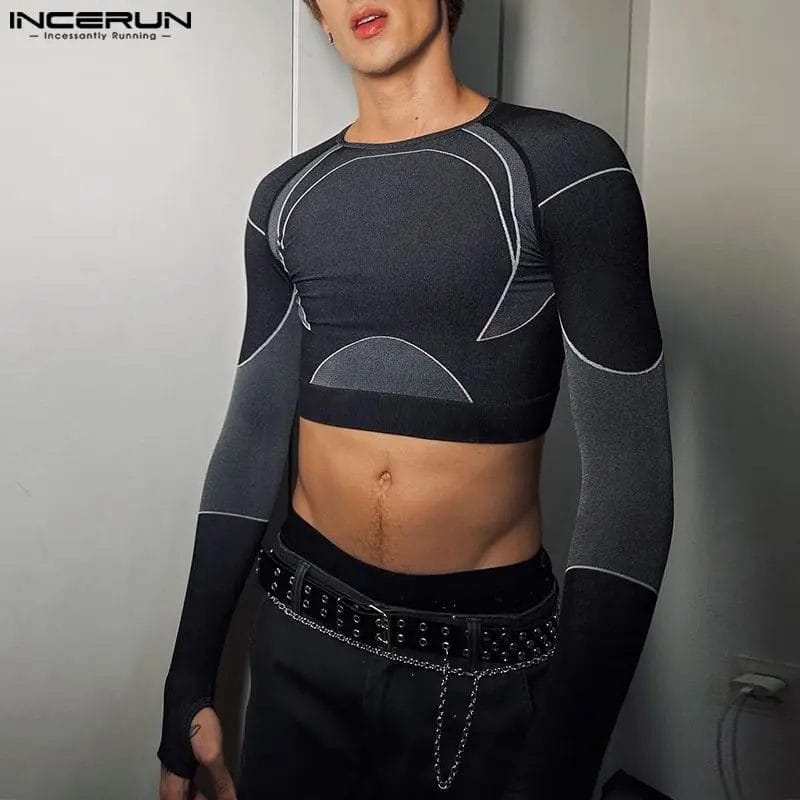 INCERUN Men T Shirts Patchwork 2023 O-neck Long Sleeve Streetwear Male Crop Tops Workout Fashion Skinny Casual Camisetas S-5XL 1
