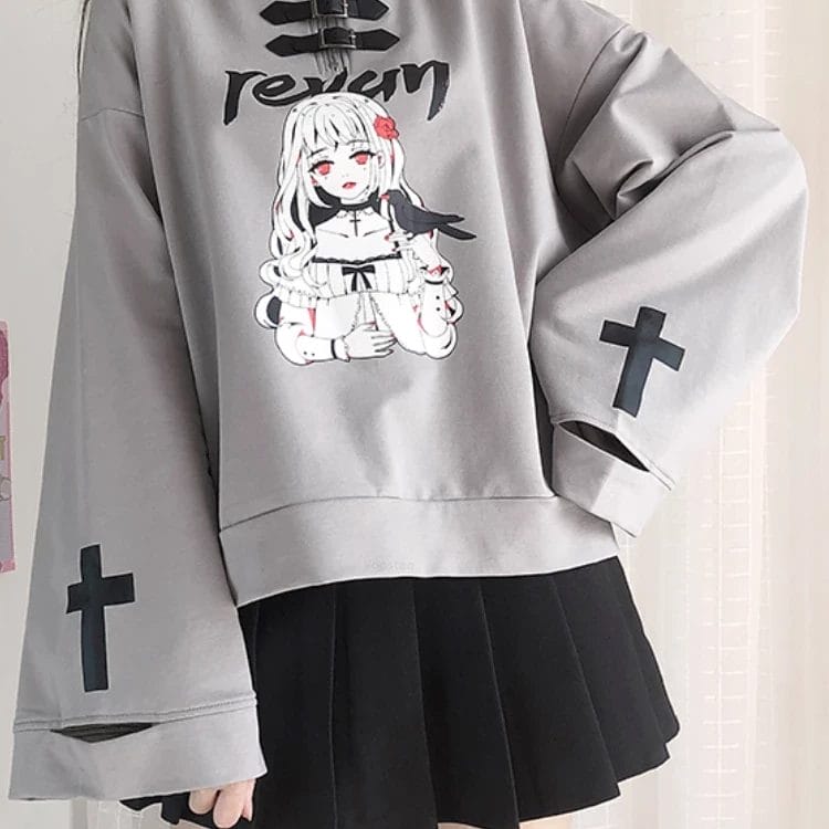Japanese Harajuku Gothic Leather Button Zipper Sweatshirts Women Sweet Casual Anime Print Loose Hoodie Girl Vintage Y2k Clothing 1