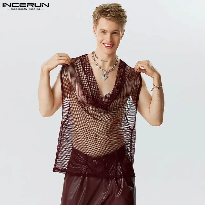 INCERUN Men's Tank Tops Mesh Transparent V Neck Sleeveless Loose Sexy Vests Men Streetwear 2024 Fashion Party Men Clothing S-5XL 1