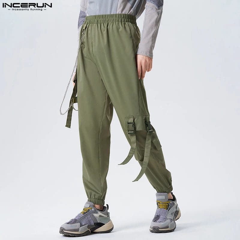 INCERUN Men Pants Solid Color Joggers Elastic Waist Streetwear Casual Cargo Pants 2023 Loose Buckle Pockets Male Trousers S-5XL 1