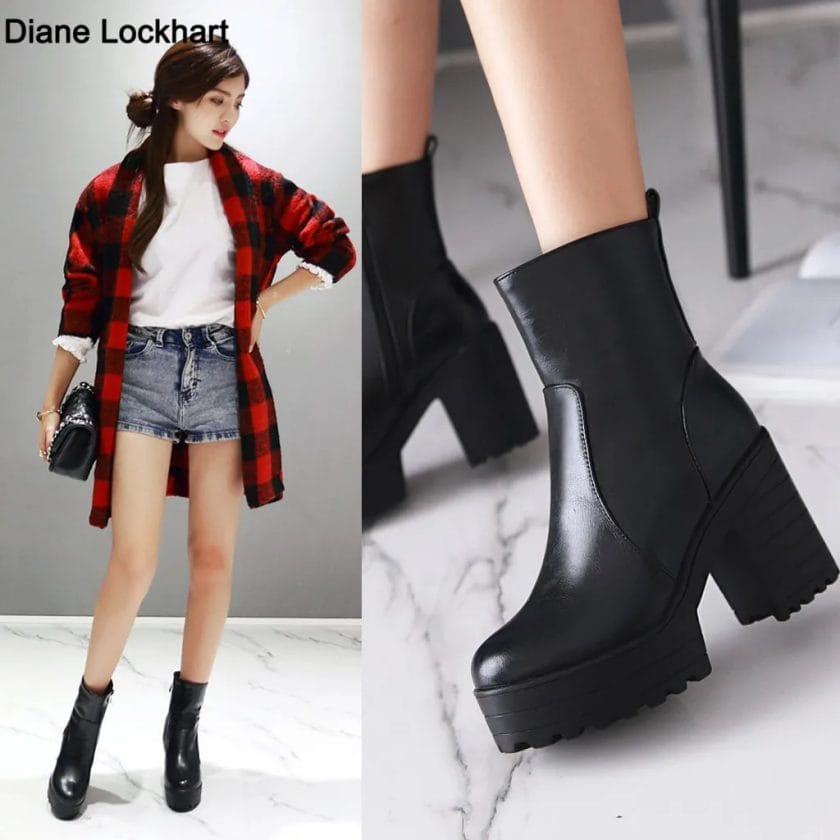 Women's High-heeled Platform Boots Autumn Ankle Chelsea Boots Square Heel Female Shoes Super High Heels Winter Short Boot Ladies 1
