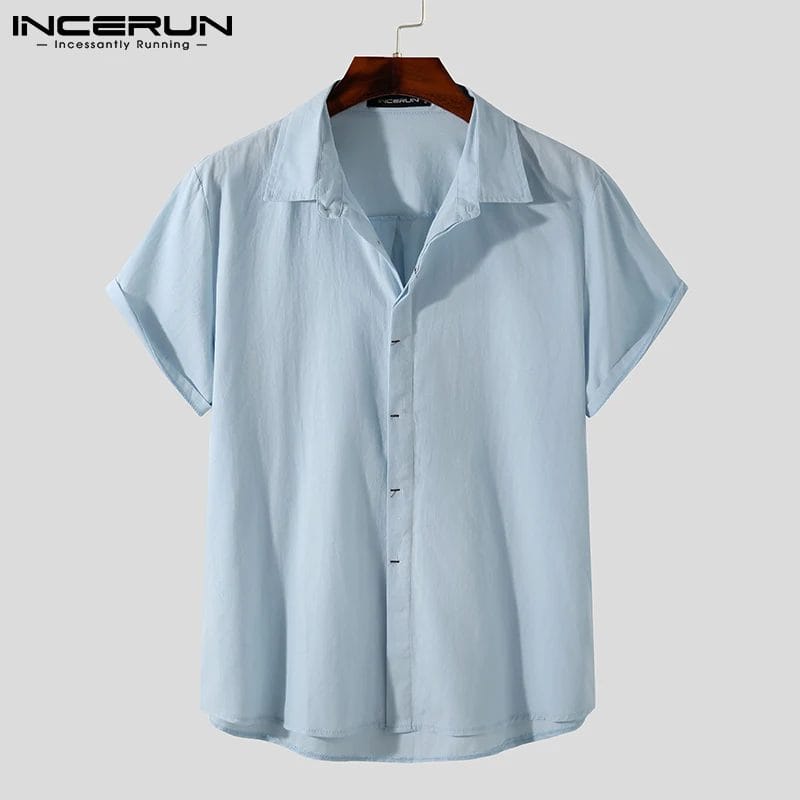 INCERUN 2024 Men Shirt Cotton Solid Color Stand Collar Short Sleeve Streetwear Button Shirts Summer Men Clothing Harajuku S-5XL 1