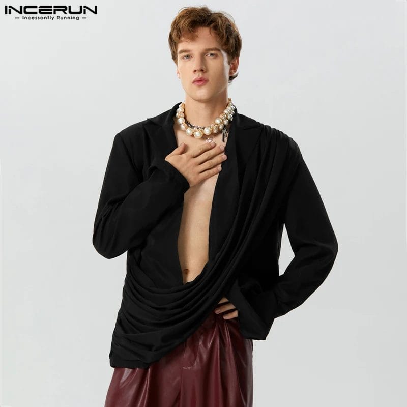 2023 Men Irregular Blazer Solid Pleated Lapel Long Sleeve Male Suits Personality Streetwear Fashion Casual Coats S-5XL INCERUN 1