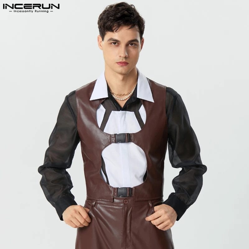 2023 Men Vests Solid Color Hollow Out PU Leather Sleeveless Casual Male Waistcoats Streetwear Button Fashion Crop Vests INCERUN 1