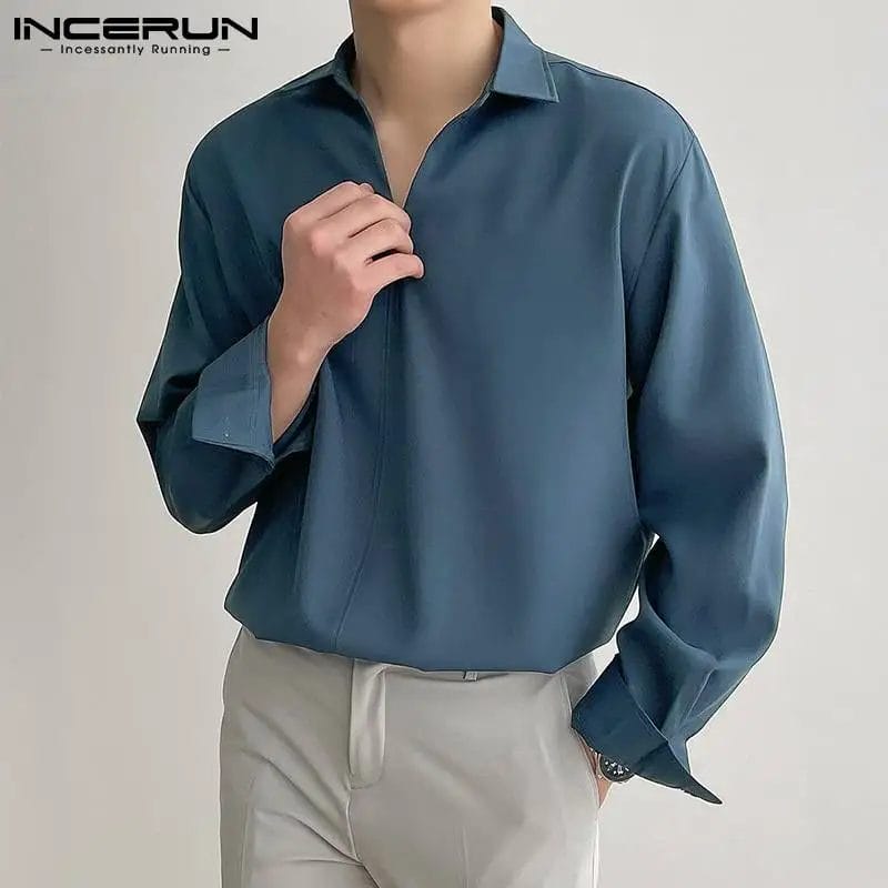 INCERUN Men Casual Shirt Turn Down Collar 2023 Solid Color Long Sleeve Loose Korean Men Clothing Streetwear Leisure Camisa S-3XL 1