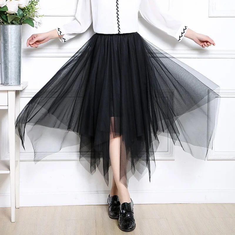 Gothic Black Mesh Irregular Long Skirt Women Multilayer Dark Aesthetic Fairy Grunge Midi Skirts Punk Emo Alt Korean Fashion 1