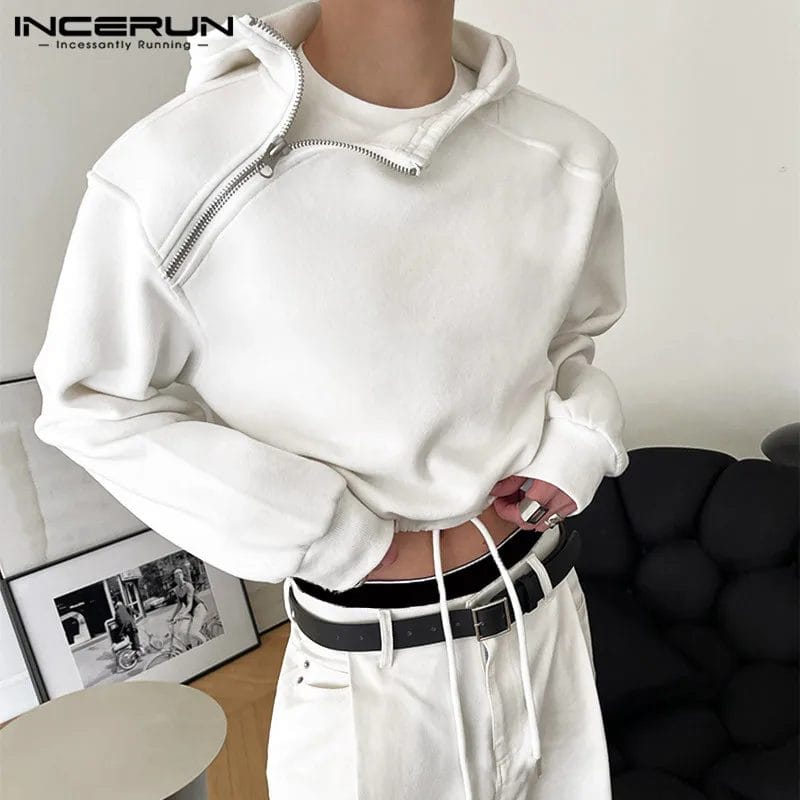 INCERUN 2024 Men Hoodies Solid Color Zipper Hooded Long Sleeve Fashion Casual Sweatshirts Streetwear Personality Crop Tops S-5XL 1
