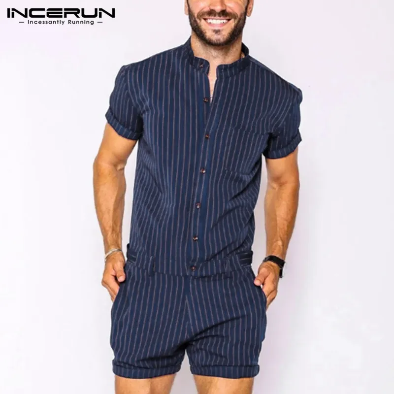 INCERUN Striped Men Rompers Breathable Stand Collar Short Sleeve Joggers Playsuits Streetwear Fashion Men Jumpsuits Shorts S-5XL 1
