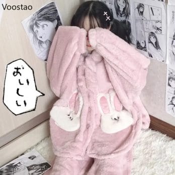 Autumn Winter Women Cute Lolita Princess Coral Fleece Pajamas Sets Cartoon Bunny Ears Hooded Sleepwear Girl Plush Lounge Clothes 2