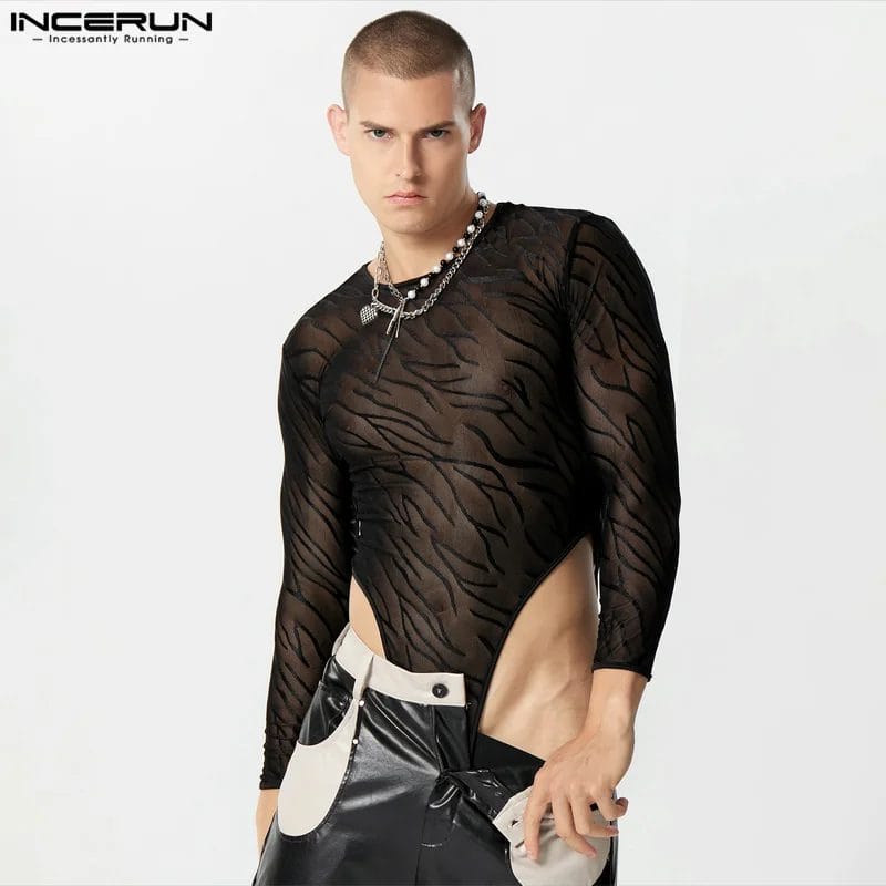 INCERUN 2023 Men Bodysuits Mesh Solid Color O-neck Sexy Long Sleeve Streetwear Rompers Transparent Fashion Male Bodysuit S-5XL 1