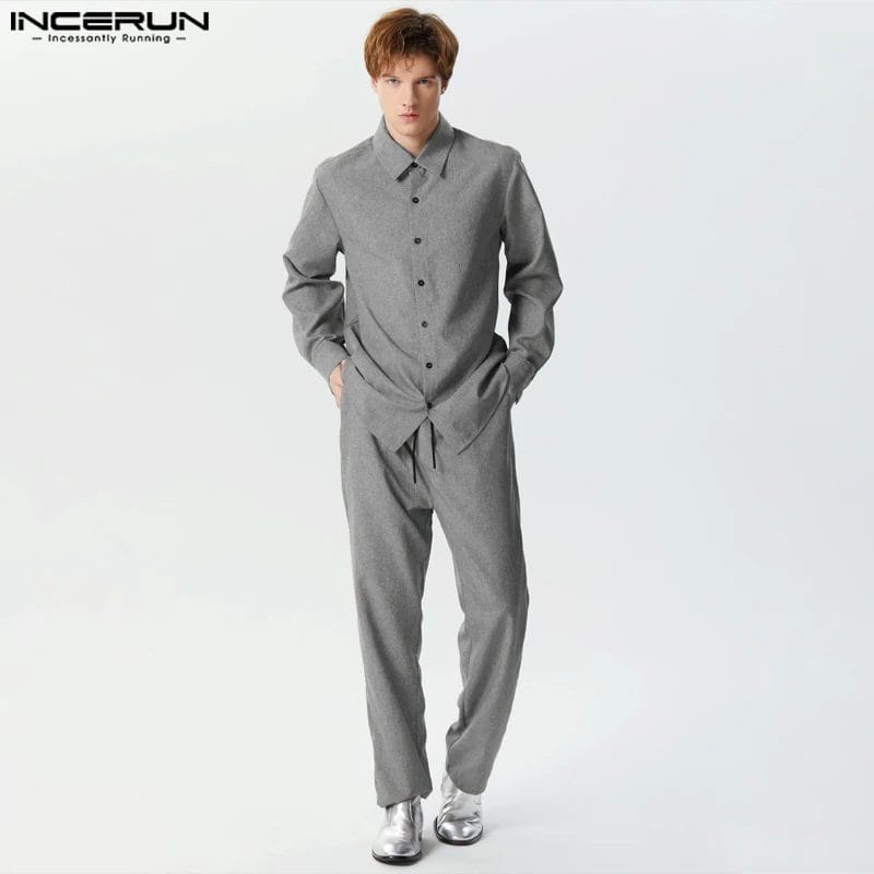 2023 Men Sets Solid Color Streetwear Lapel Long Sleeve Shirt & Drawstring Pants 2PCS Loose Men's Casual Suits S-5XL INCERUN 1