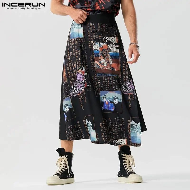 INCERUN Men Skirts Printing Chinese Style Streetwear Loose Vintage Irregular Skirts Pants Retro 2023 Casual Men Bottoms S-5XL 1