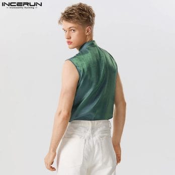 2023 Men Tank Tops Shiny V Neck Solid Color Sleeveless Lace Up Vests Streetwear Sexy Summer Fashion Men Clothing S-5XL INCERUN 4
