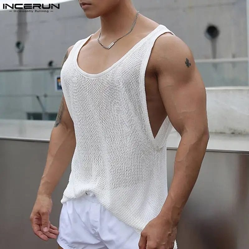 Fashion Men Tank Tops Mesh Transparent O-neck Sleeveless Breathable Sexy Vests Solid Streetwear 2023 Men Clothing INCERUN S-5XL 1