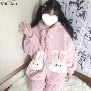Autumn Winter Women Cute Lolita Princess Coral Fleece Pajamas Sets Cartoon Bunny Ears Hooded Sleepwear Girl Plush Lounge Clothes 5