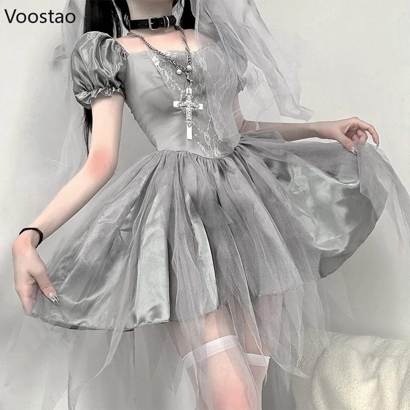 Gothic Lolita Mini Dress Women Vintage Puff Sleeve Mesh Party Dresses Halloween Ghost Bride Witch Cosplay Costumes Role Play Set 1