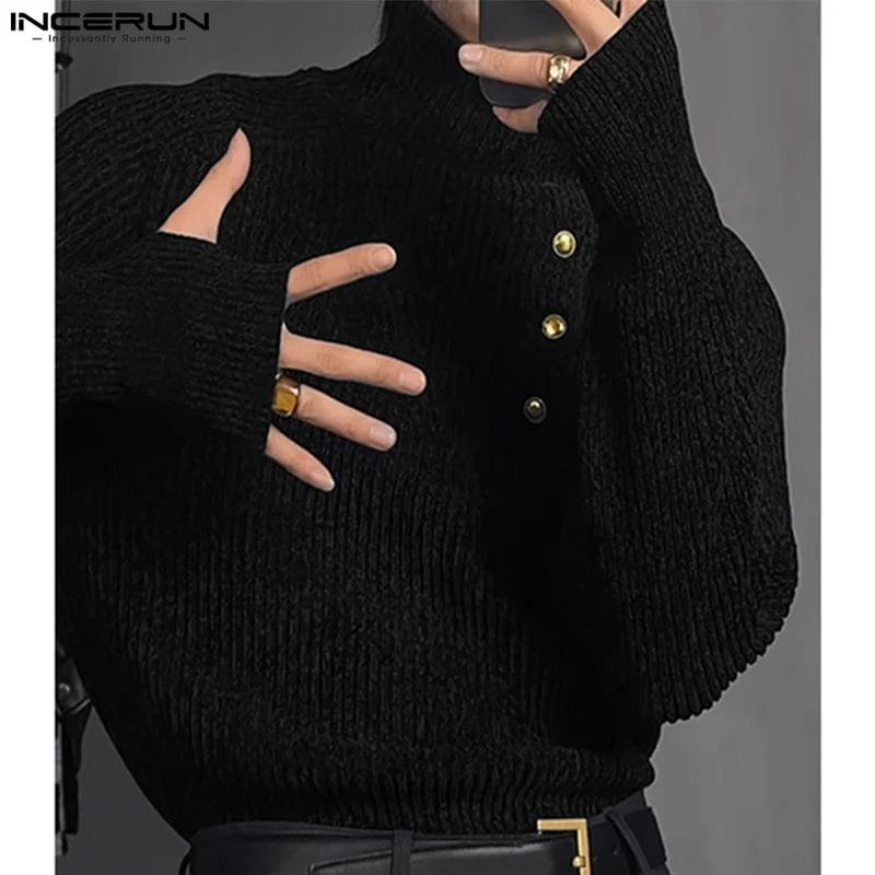 INCERUN Men's Casual T Shirt Solid Turtleneck Long Sleeve Fashion Men Clothing Streetwear 2023 Knitted Leisure Camisetas S-5XL 1