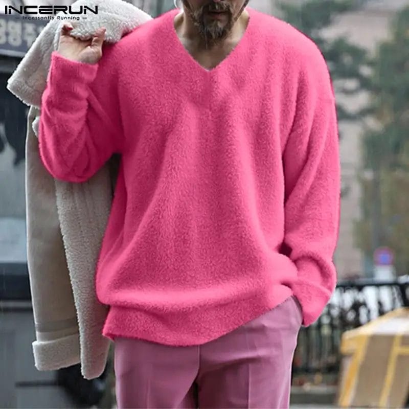 Men Pullovers Solid Color Plush V Neck Long Sleeve Loose Male Sweaters Streetwear 2023 Fashion Casual Men Clothing S-5XL INCERUN 1