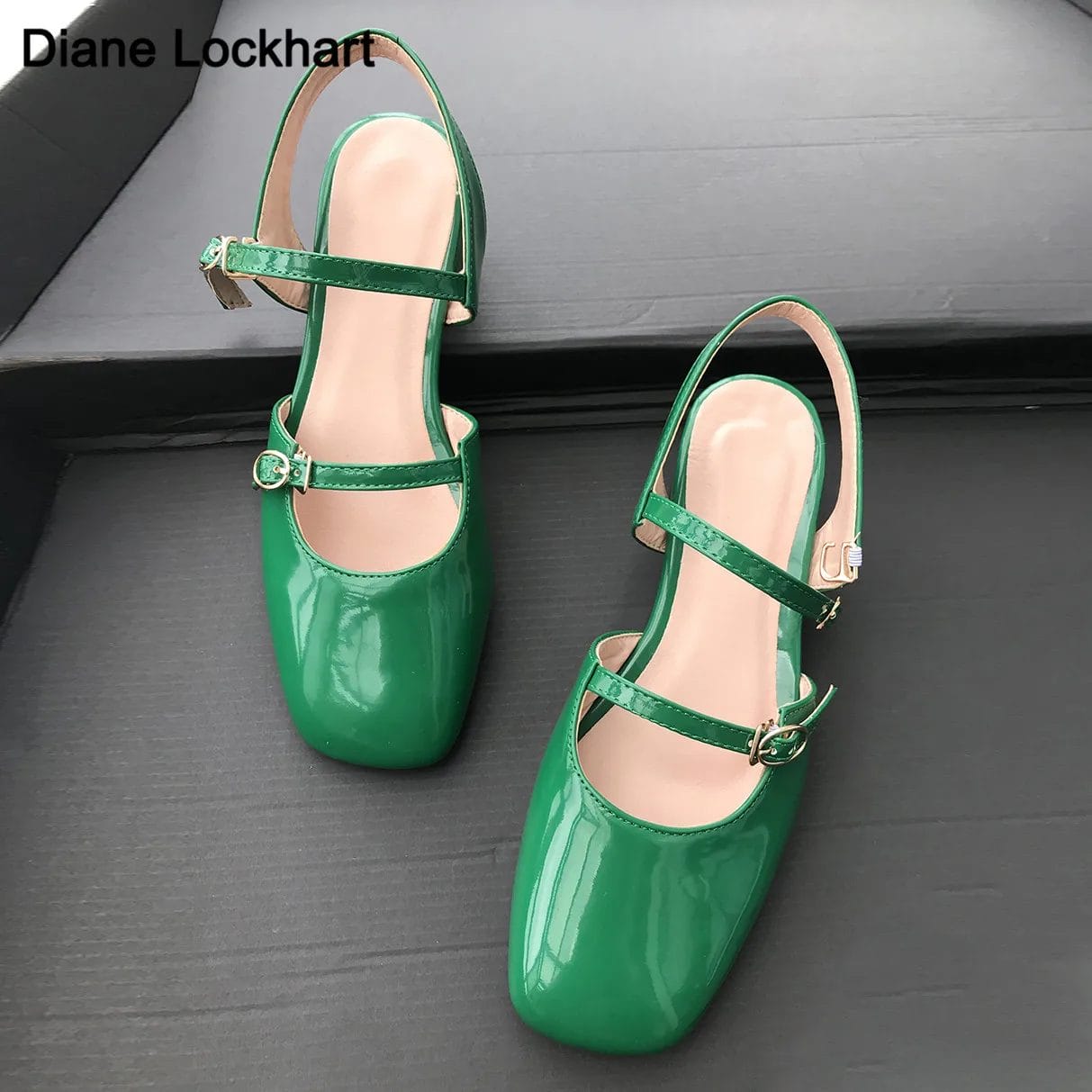 Fashion Women Mary Jane Style Two Buckle Ladies Low Heel Shallow Mouth Square Toe Solid Color Party Dress Shoes Green Pink Red 1