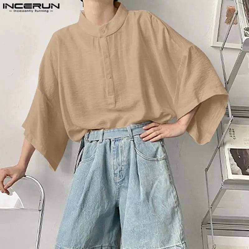 Men Shirt Solid Color Stand Collar Short Sleeve Streetwear Loose Camisas Korean Style Oversize 2023 Men Clothing S-5XL INCERUN 1
