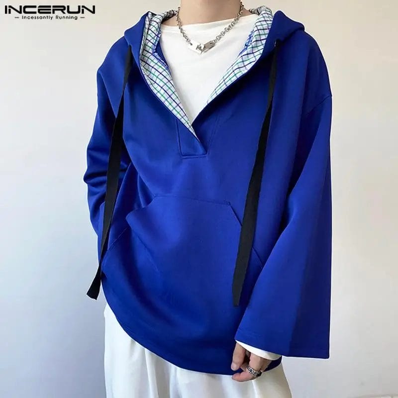 2023 Men Sweatshirts Plaid Patchwork Hooded Long Sleeve V Neck Casual Hoodies Streetwear Autumn Loose Korean Pullovers INCERUN 1