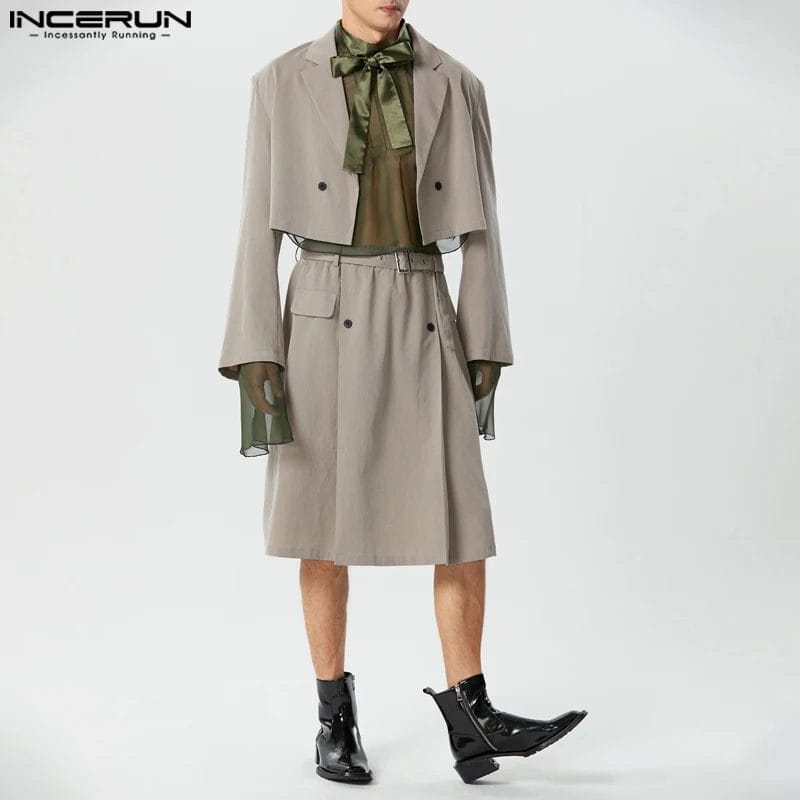 2023 Men Sets Solid Color Streetwear Lapel Long Sleeve Crop Blazer & Skirts 2PCS Personality Fashion Men's Casual Sets INCERUN 1