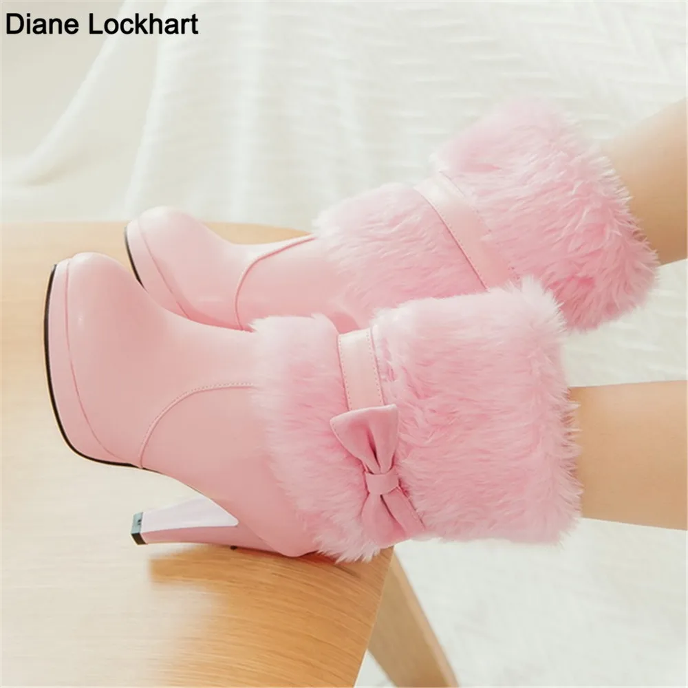 2022 New Winter Fashion Womens Warm Fur High-heeled Boots Pink White Black Bowtie Lovely Lolita Ladies Party Wedding Shoes 33-43 1