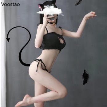 Anime Girl Cute Cat Paw Bell Underwear Temperament Sexy Lingerie Uniform Women Cosplay Cats Hollow Bra Pajamas Outfit Costumes 5