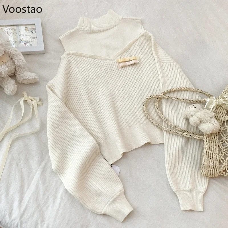 Korean Style Women Casual Bow Knitted Sweaters Fashion Sweet Off Shoulder Pullovers Spring Autumn Female Elegant Knitwear Tops 1