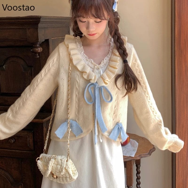 Japanese Sweet Lolita Knitted Cardigan Autumn Winter Women Kawaii Ruffles Collar Bow Sweater Crop Coat Girls Cute Knitwear Tops 1