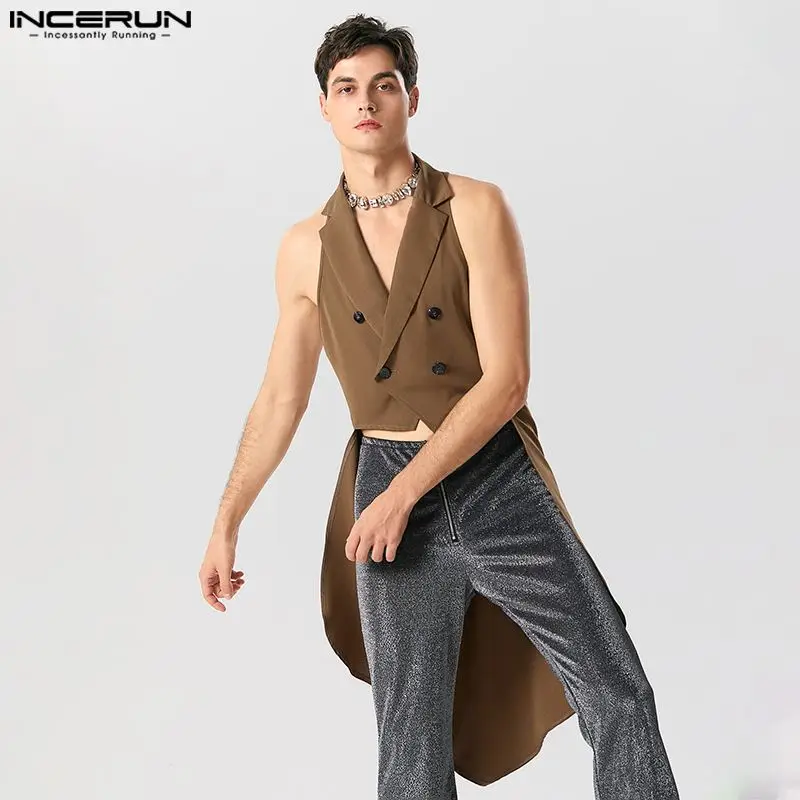 INCERUN 2023 Men Vests Solid Color Lapel Sleeve Double Breasted Irregular Blazer Vests Streetwear Fashion Casual Male Waistcoats 1