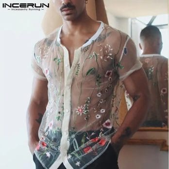 2023 Fashion Men Mesh Shirts Embroidered Short Sleeve Sexy See Through Tops Button Breathable Party Nightclub Shirts INCERUN 5XL 4