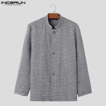 INCERUN Men Jackets Plaid Stand Collar Long Sleeve Button Autumn Men Outerwear 2023 Streetwear Fashion Casual Male Coats S-5XL 2