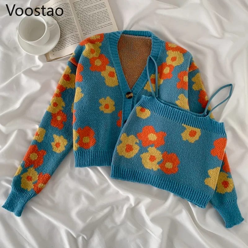 Spring Autumn Women Fashion Floral Knitted Two Pieces Set Casual Crop Camisole Tops Long Sleeve Cardigan Sweater Female Knitwear 1