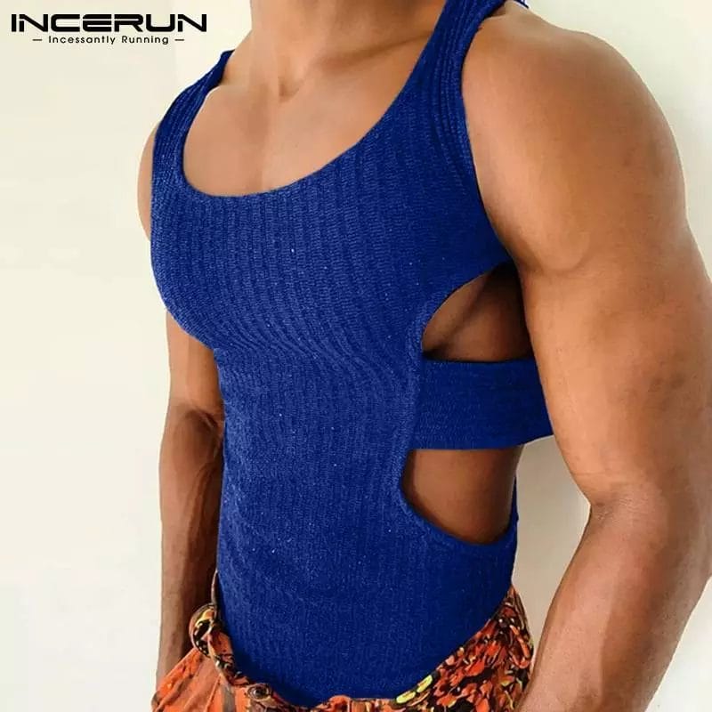 2023 Men Tank Tops Solid Color O-neck Sleeveless Streetwear Hollow Out Irregular Vests Skinny Fashion Sexy Men Clothes INCERUN 7 1