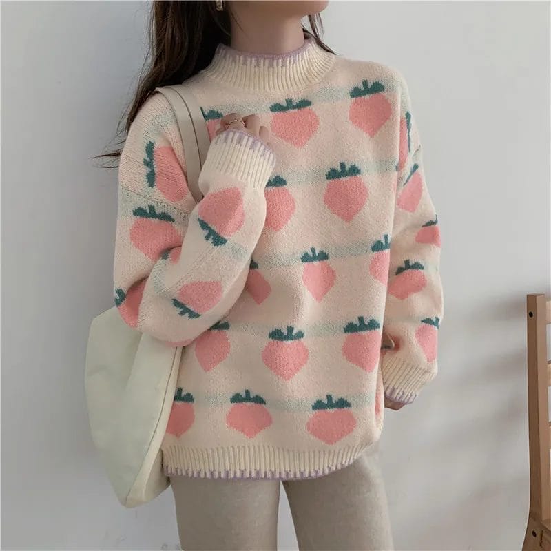Autumn Winter Knitted Women Sweet Peach Print Pullover Spring Girls Chic Cute Tops Japanese Style Casual Loose Sweater Outwear 1