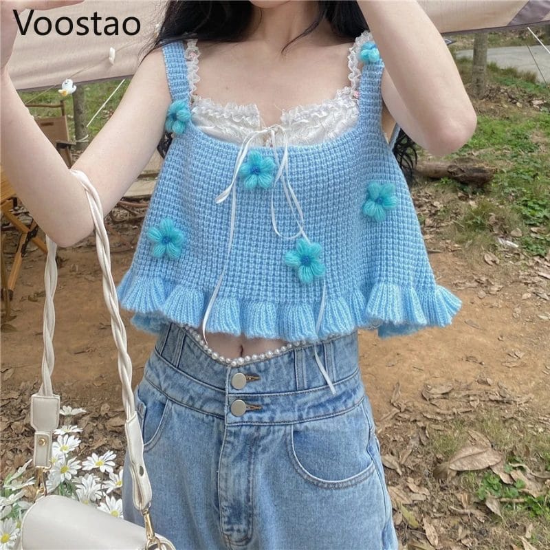 Japanese Sweet Women Chic Flower Embroidery Knitted Crop Tops Summer Cute Casual Sweater Vest Girls Harajuku Sleeveless Camisole 1